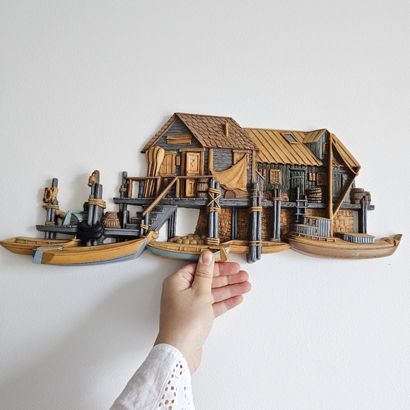 Pair of 1970's Burwood 3D Wall Hanging Seaside Vtg Set Fishing Wharf Boat Dock - Picture 3 of 16